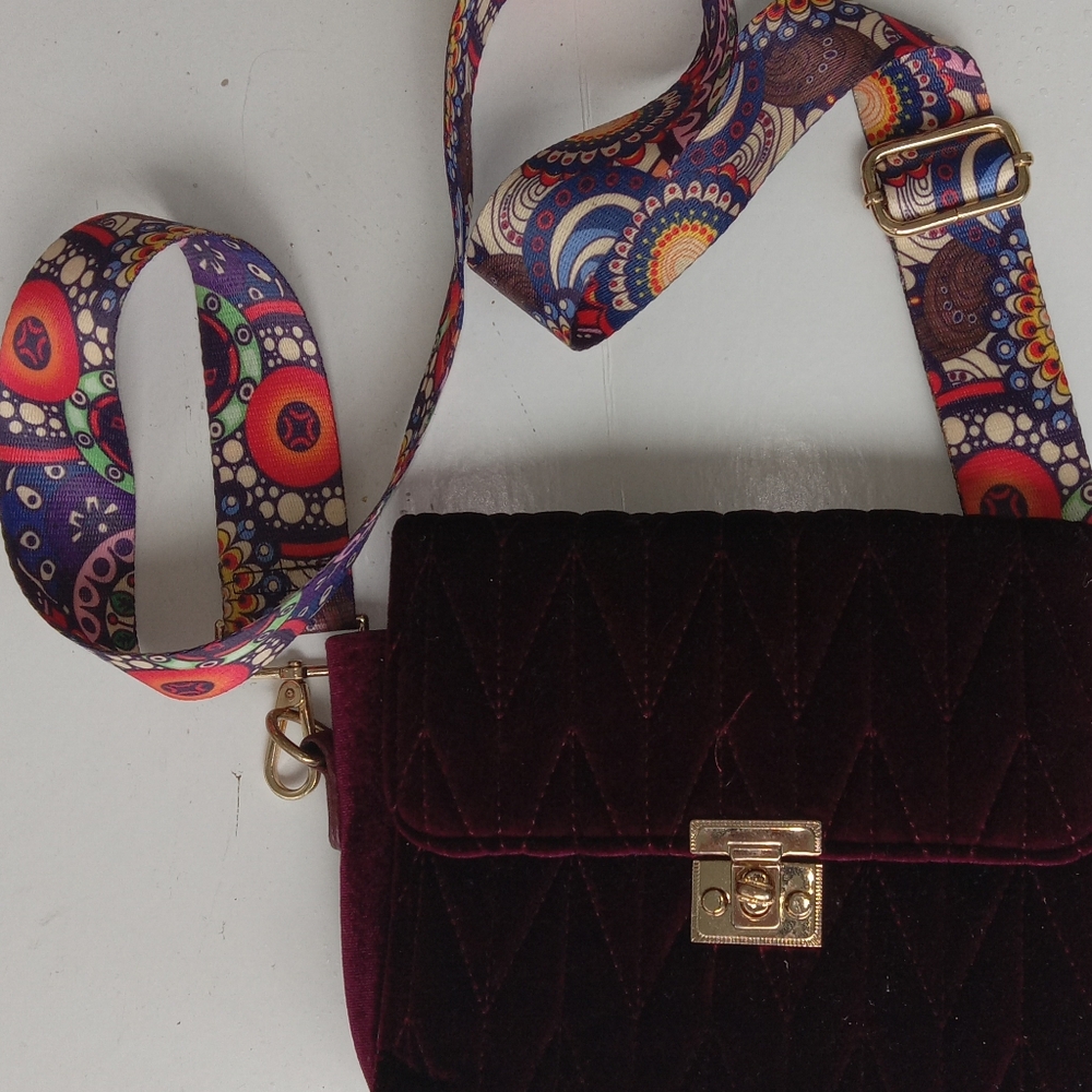 Velvet Quilted Crossbody Bag with Patterned Strap